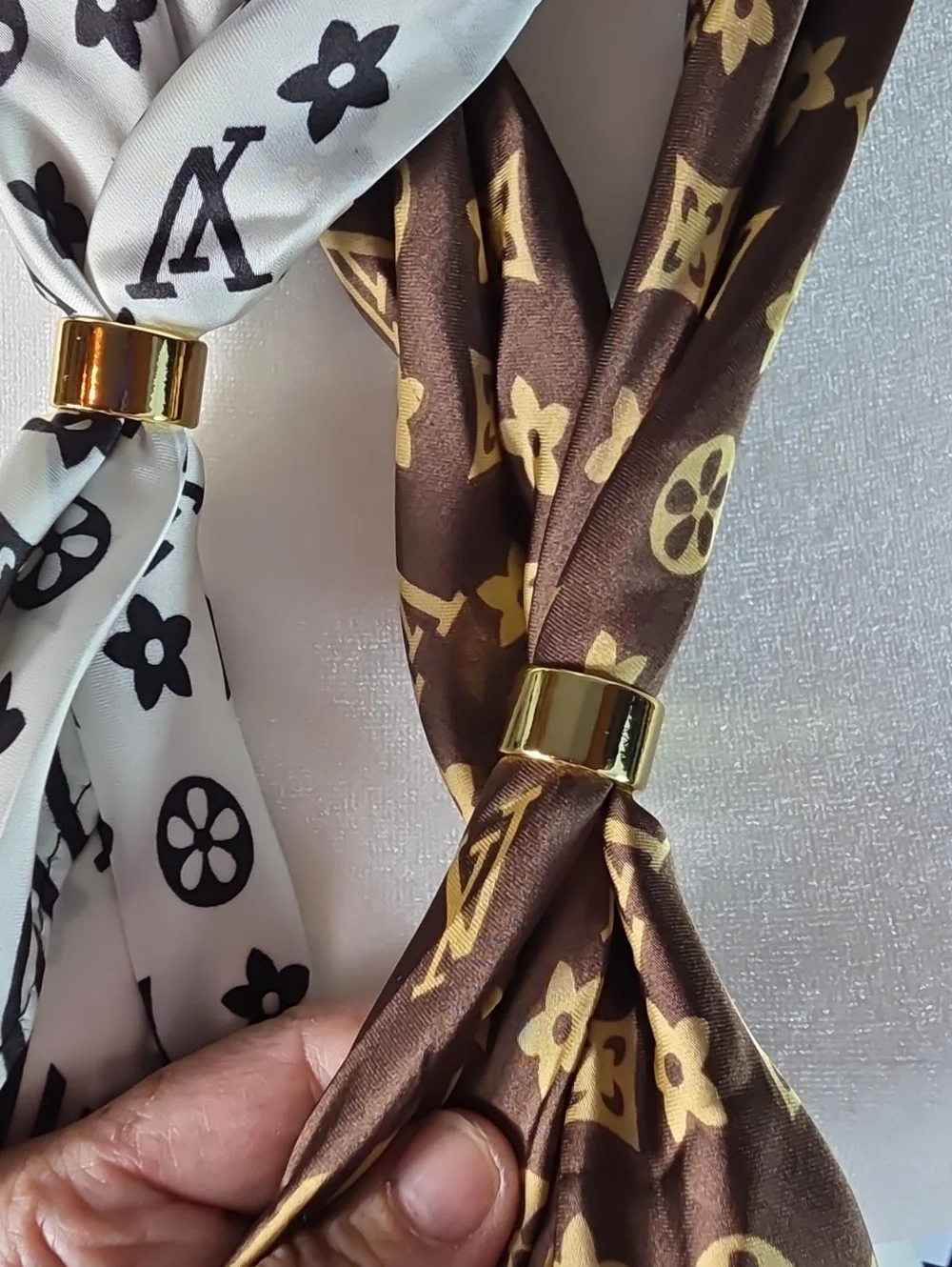 Luxury Brown Or White Patterned Silk Scarf with Gold Accent